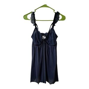 Elegant Navy Blue Lace Trim Nightgown